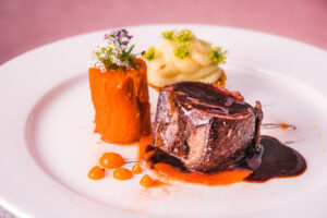 Venison Cushion, Rhubarb Chutney, Red Onion Tart, Carrot, Juniper 4